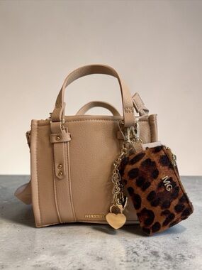 Madden Girl Taupe Mini Tote with Faux Fur Leopard Coin Purse & Gold Locket Charm